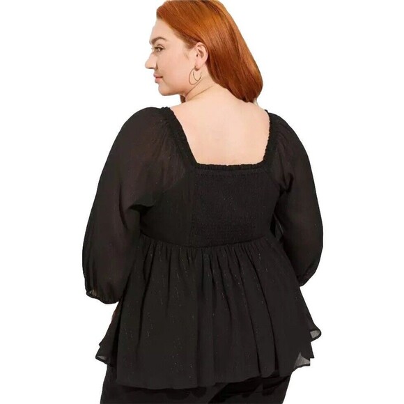 Torrid Babydoll Crinkle Chiffon Blouson Sleeve Top Black Witchy 0/Large NWT's - Picture 2 of 12